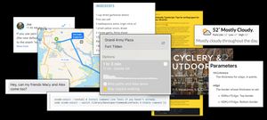 Planning a bike ride using ScreenHint, with windows showing the bike route, a message from a friend, and a bike shop's open hours.